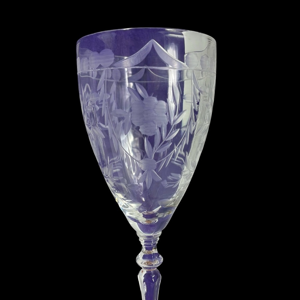 Libbey Rock Sharpe Etched Glasses Floral Design Vintage Stemware Wine Glasses